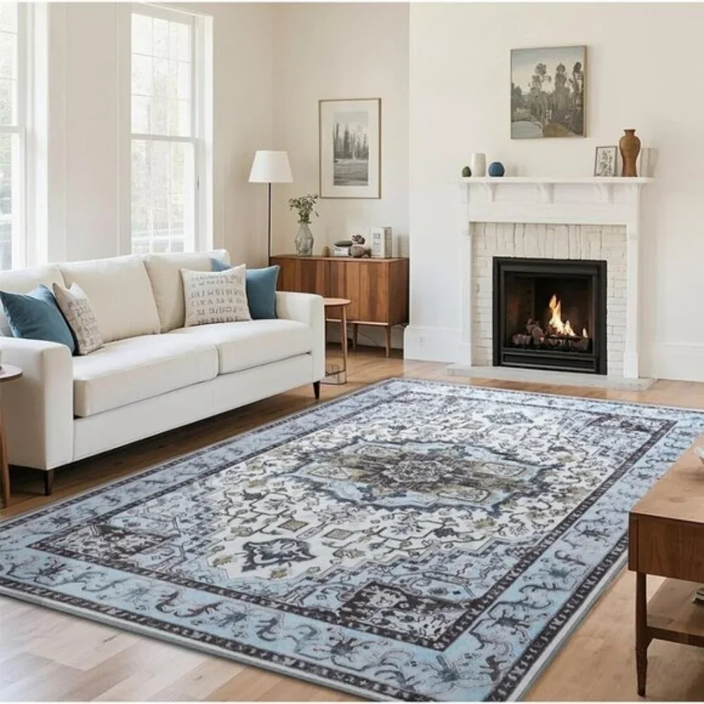 New 5x7 Vintage Blue Area Rug, Washable, Low Pile Non-Slip Distressed Carpet